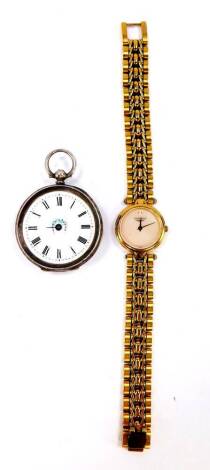 A Longines lady's gold plated circular cased wristwatch, with a plain pearlescent dial, on a bracelet strap, with certificate of purchase 1999, together with a lady's silver cased key wind pocket watch, enamel dial bearing Roman numerals, the case with fl