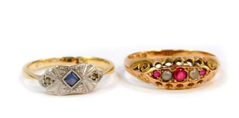 A 9ct gold ruby and seed pearl five stone ring, size P, together with a 9ct gold sapphire and diamond ring, size N, 4.0g. (2)