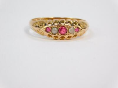 A 9ct gold ruby and seed pearl five stone ring, size P, together with a 9ct gold sapphire and diamond ring, size N, 4.0g. (2) - 2