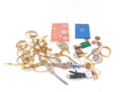 Gilt metal costume jewellery, including necklaces, wristwatches, pendants, crosses, etc., together with commemorative coins and Road Operators' Safety Council medals, etc. (quantity)