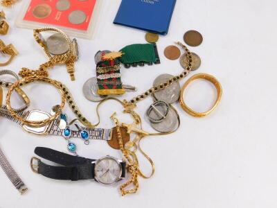 Gilt metal costume jewellery, including necklaces, wristwatches, pendants, crosses, etc., together with commemorative coins and Road Operators' Safety Council medals, etc. (quantity) - 2