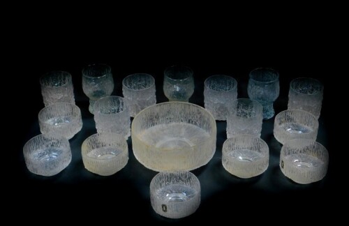 A set of six Whitefriars glass tumblers decorated in the glacier pattern, Geoffrey Baxter design, together with seven sundae dishes, fruit bowl and three further glasses.