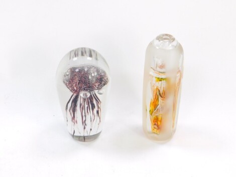 A cut glass jelly fish paperweight, 17cm high., together with a cut and frosted oblong glass, 18.5cm high. (2)