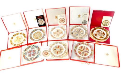 Eight Spode porcelain collectors plates, boxed, comprising The Durham Plate, Lindisfarne Heritage Plate, The Lindisfarne Plate, The Iona Plate, St Gall Plate, St Chad Plate, Durrow Plate, and The Kells Plate.