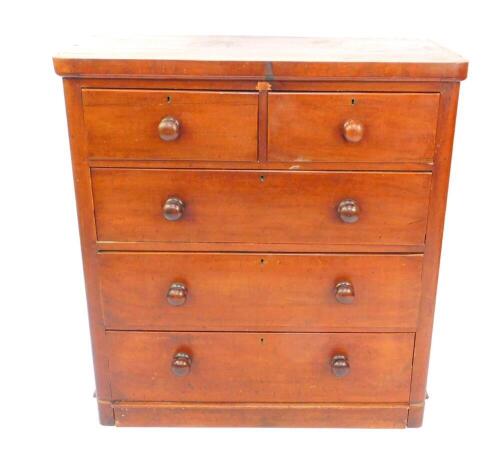 A Victorian mahogany straight fronted chest, of two short over three long drawers, raised on a plinth base, 106cm high, 99.5cm wide, 47cm deep.