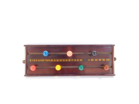 A mahogany early 20thC snooker scoreboard, converted to a coat rack, 64cm wide.