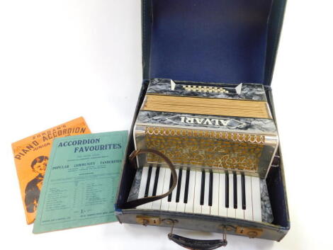 An Alvari piano accordian, 24 button, silver mother of pearl effect, cased.