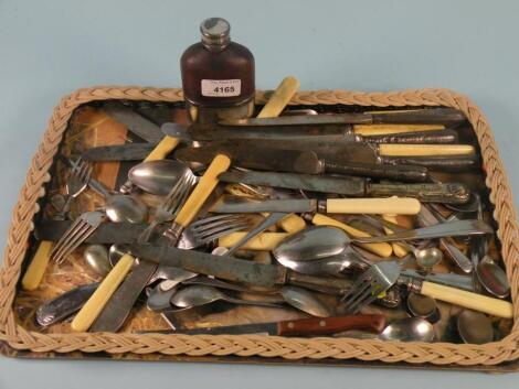 A large quantity of plated cutlery and a hip flask