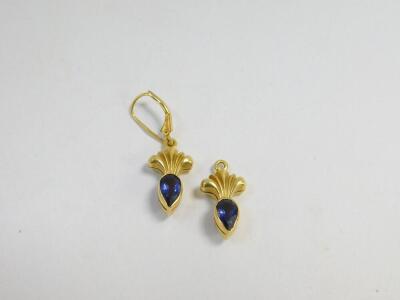 A pair of 18ct gold and gem set earrings, one hook suspension lacking, 7.6g. - 2