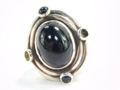 A Julia Booth silver and cabochon gem set ring, size O, similar silver and cabochon set ring, one stone lacking, size M, and a beaded silver ring, size P/Q, 1.73oz. (3) - 3