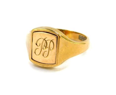 A 9ct gold and blue enamel Masonic signet ring, obverse showing set square and compass, reverse monogram engraved, size S, 6.8g.