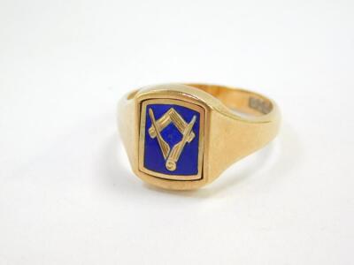 A 9ct gold and blue enamel Masonic signet ring, obverse showing set square and compass, reverse monogram engraved, size S, 6.8g. - 2