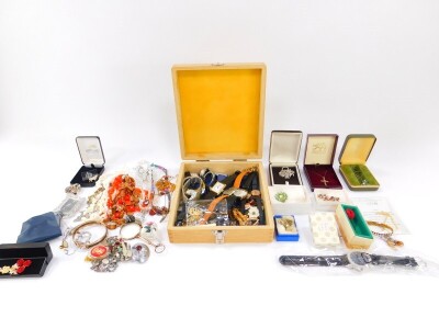 Silver and costume jewellery, including two Scottish silver brooches, wrist and pocket watches, necklaces, brooches, etc., and a pair of lognettes (quantity).