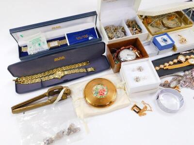 Costume jewellery, including necklaces, brooches and earrings, a wristwatch and pocket watch, Avia wristwatch, pen and a Kigu compact. - 3