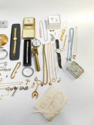 Costume jewellery, including necklaces, brooches and earrings, a wristwatch and pocket watch, Avia wristwatch, pen and a Kigu compact. - 4