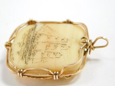 A Scrimshaw type pendant, with ship scene, in a yellow metal wire frame, unmarked. - 3