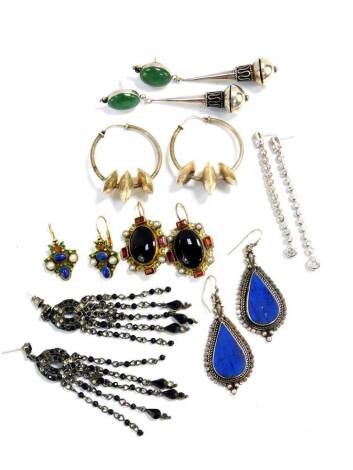 Silver and costume jewellery, including a pair of pearl and enamel earrings, Renaissance style earrings, Indian style silver and Lapis Lazuli earrings, and a pair of paste drop earrings. (7 pairs)