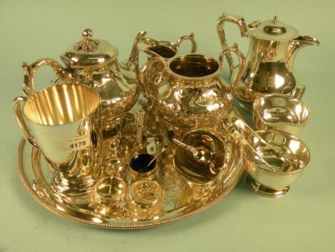 A Victorian three piece silver plated tea set embossed with leaves