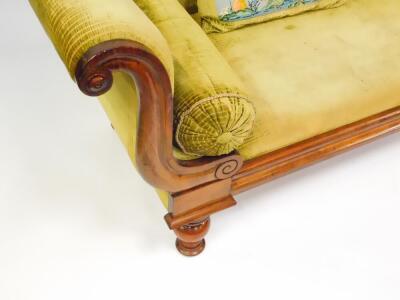 A late Regency mahogany scroll end sofa, upholstered in green draylon raised on baluster turned legs, 207cm wide. - 2