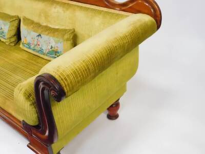 A late Regency mahogany scroll end sofa, upholstered in green draylon raised on baluster turned legs, 207cm wide. - 3