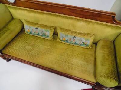 A late Regency mahogany scroll end sofa, upholstered in green draylon raised on baluster turned legs, 207cm wide. - 5