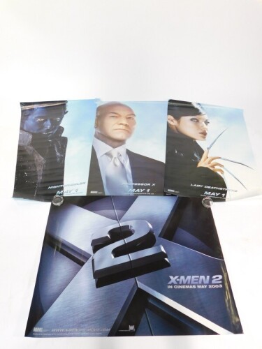 Four film posters, comprising Lady Deathstryke, May 1st., X Men II In Cinemas May 2003., Professor X May 1st., and Nightcrawler, May 1st. X Men Movie.co.uk