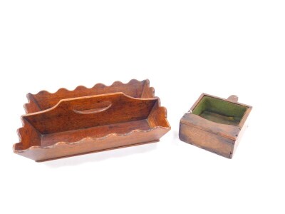 A Victorian oak twin division oak cutlery tray, 38.5cm wide, 27cm deep, together with a beech rush light or candle box, wall mounted, 30cm high (2).