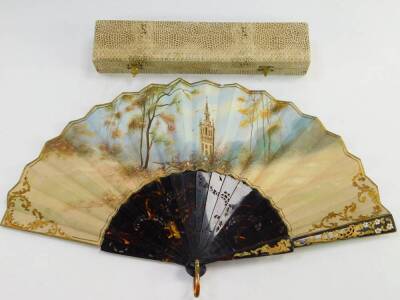 A Spanish 19thC silk and tortoiseshell fan, monogrammed LGC, painted with figures dancing with musicians and audience, entitled LEL BAILE del Canolil-Lovera, verso a church tower in a landscape, over painted with rococo scrolls and flowers, boxed, 24cm lo - 2