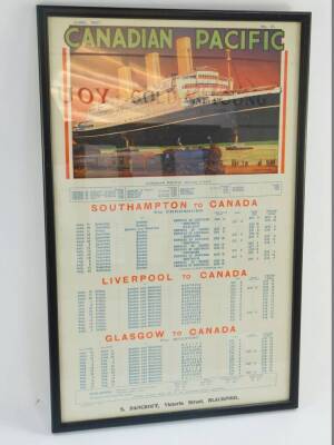 A Canadian Pacific timetable poster, no. 21, June 1927, with an illustration by O. Rosenvinge, lithograph, detailing liners to Canada from Southampton, Liverpool and Glasgow, published by S. Bancroft, Victoria Street, Blackpool, 50cm high, 31cm wide.