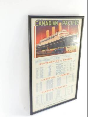 A Canadian Pacific timetable poster, no. 21, June 1927, with an illustration by O. Rosenvinge, lithograph, detailing liners to Canada from Southampton, Liverpool and Glasgow, published by S. Bancroft, Victoria Street, Blackpool, 50cm high, 31cm wide. - 2