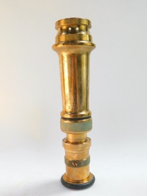 A vintage brass fireman's hose nozzle, serial no. 443, 32.5cm long.