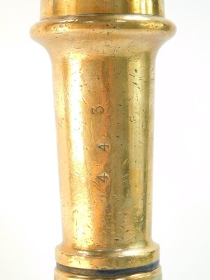 A vintage brass fireman's hose nozzle, serial no. 443, 32.5cm long. - 2