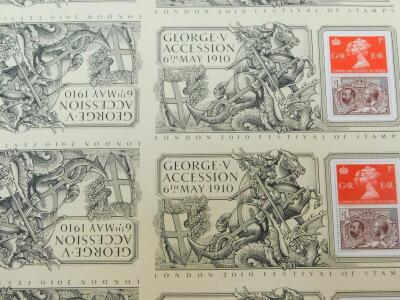 Philately. Mint commemorative sheets, comprising HM Queen Elizabeth II Diamond Jubilee, George V Accession 6th May 1910, The 175th Anniversary of The Penny Black, The Age of The Tudors, and Kew Royal Botanical Gardens. (quantity) - 4