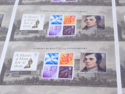 Philately. EII mint commemorative sheets, comprising Post Boxes, The Age of The Stuarts, Robert Burns 250th Anniversary, London 2010 Festival of Stamps, and The Red Arrows. (quantity) - 3