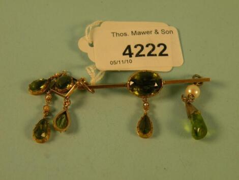 A 9 carat gold bar brooch set with two citrines