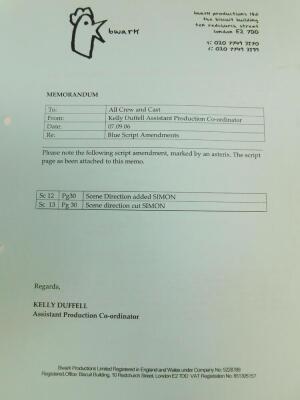 The pilot script for The Inbetweeners, together with other directional material, working title Baggy Trousers, BWARK Production, shot in London on 15th Sept 2006. - 2