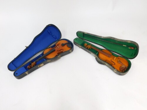 A Parrot violin, single piece back, with bow, cased., together with a Chinese violin, Skylark Brand, single piece back, cased. (2)