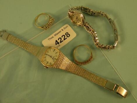 Two diamond and gold dress rings and two lady's wrist watches