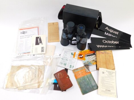 A pair of Sunagor binoculars, with case, together with a small selection of railway related printed ephemera, to include tickets, etc. (quantity)