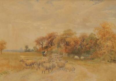 Charles Pigott (British,1863-1940). Sheep and figures in a landscape, watercolour, signed, 34.5cm x 50.5cm.