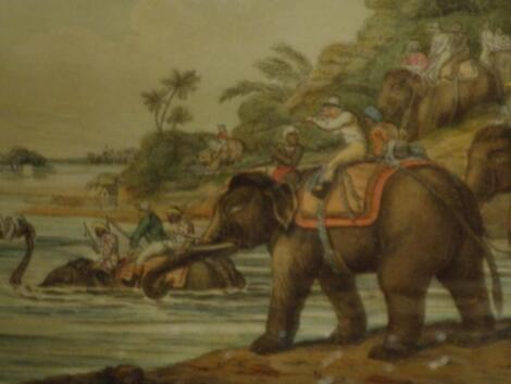 A set of four gilt framed coloured prints "Chasing a Tiger across