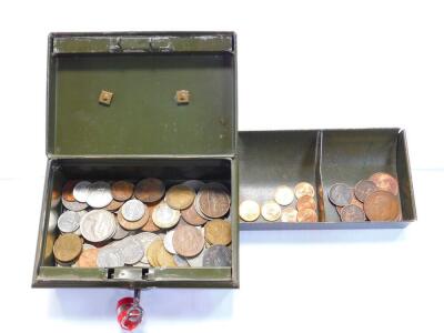 A 1940's petty cash tin box, coins and key.