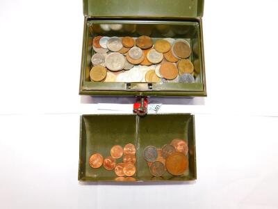 A 1940's petty cash tin box, coins and key. - 2