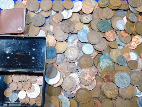 A collection of George V and later pennies, other various pre decimal coinage, a selection of foreign coins and a small money box. (1 tray)