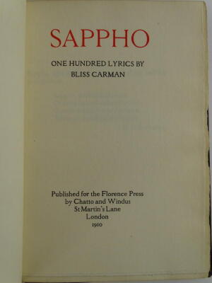 Carmen (Bliss). Sappho, published for the Florence Press 1920, by Chatto and Windus, black tooled leather binding by Hatchards, 187 Piccadilly, rear board to binding detached. - 2