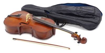 A Primavera child's cello, a cello bow and a violin bow, 112cm long overall.