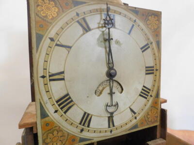 An early 19thC mahogany and oak longcase clock, the square dial painted with patera and with Roman numerals etc., in plain moulded case with cylindrical tapering pillars, lacking plinth, 185cm high, (AF). - 4