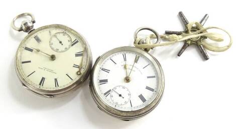 Two silver cased pocket watches, each with enamel dial, one bearing the name Depree, Raeburn & Young Exeter, the other Fattorini & Sons Bradford. (AF)