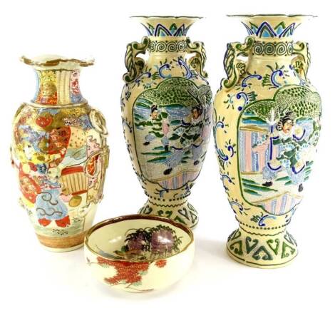 A collection of Japanese pottery, to include a Satsuma bowl, decorated with wisteria, birds, buildings, etc., signed to reverse in gold, 13cm diameter, a pair of vases, each with raised decoration in coloured enamels, decorated with Samurai etc. and anoth