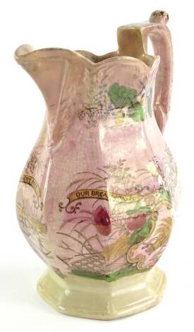 A 19thC Staffordshire Corn Law jug, bearing slogan Our Bread Untaxed, Our Commerce Free, decorated with a design of flowers, wheat, harbour, etc. (AF), 19cm high.